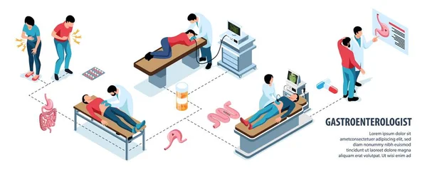 Gastroenterolodzy Pacjenci Podczas Badania Lekarskiego Izometryczna Ilustracja Wektora Infografiki — Wektor stockowy