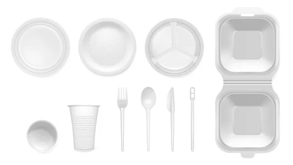 使い捨て食器ピクニック隔離ベクトルイラストのための白いプラスチックアイテムの現実的なモックアップ — ストックベクタ