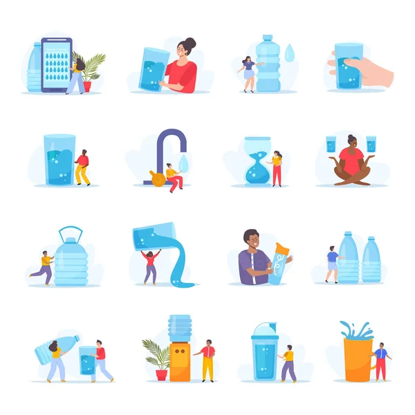Vízmérleg Készlet Lapos Elszigetelt Ikonok Emberi Karakterekkel Vízhűtő Palackok Adagolók — Stock Vector