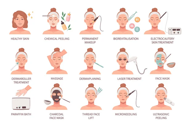 Cosmetología Procedimientos Iconos Planos Conjunto Con Cuidado Piel Tratamiento Ilustración — Archivo Imágenes Vectoriales