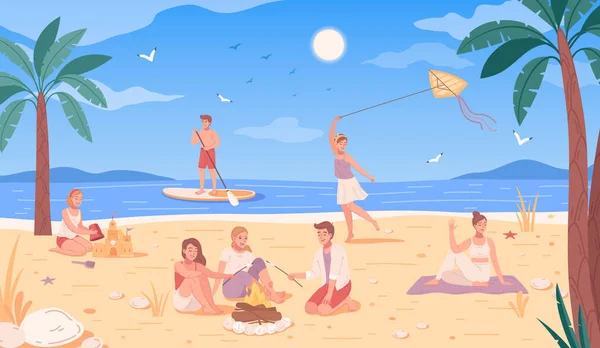 Aktywności Plażowe Płaska Kreskówka Ludźmi Odpoczywającymi Lato Wektor Morza Ilustracja — Wektor stockowy