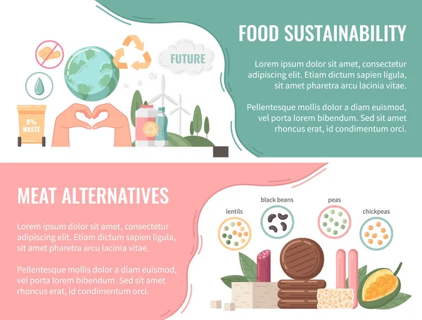 Ernährung Flachbanner Set Mit Fleischalternativen Und Nachhaltigkeit Von Lebensmitteln Isolierte — Stockvektor