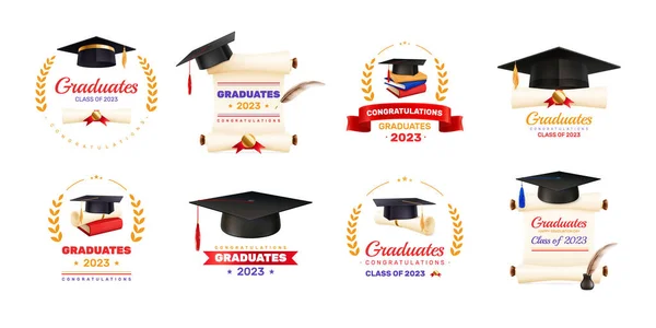 Graduación Realista Conjunto Ocho Emblemas Etiquetas Aisladas Con Diploma Texto — Archivo Imágenes Vectoriales