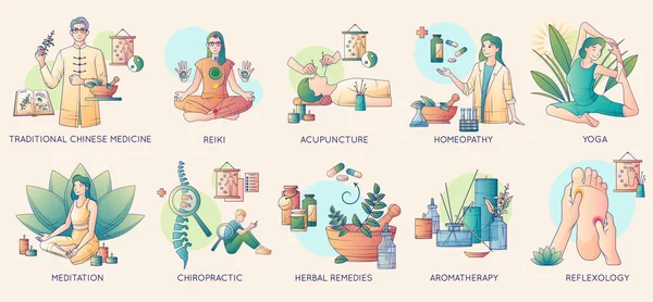 Alternativní Medicína Plochá Řada Izolovaných Kompozic Meditací Aromaterapie Homeopatickými Obrazy — Stockový vektor