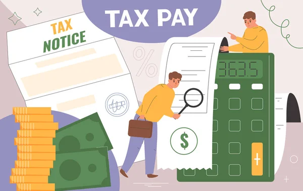 Tax Pay Flat Collage Finance Bills Receipts Vector Illustration — Stock Vector