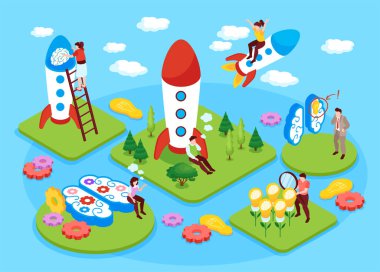 Zihin geliştirme sembollü yaratıcı düşünce konsepti izometrik vektör çizimi