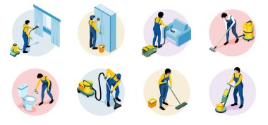Temizlik servisi, çalışanlarının yer mobilyalarının camlarını ve tuvaletin izometrik çizimlerini temizlediği yuvarlak kompozisyonları izole etti.