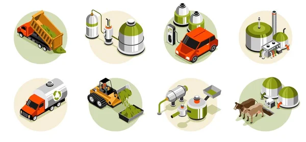 Isometrische Ronde Biogassamenstellingen Die Ruwe Biomassa Dierlijke Bijproducten Afbeelden Als — Stockvector