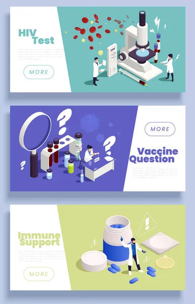 Aids Immunodeficiëntie Hiv Test Vaccin Vraag Immuunondersteuning Isometrische Spandoeken Set — Stockvector