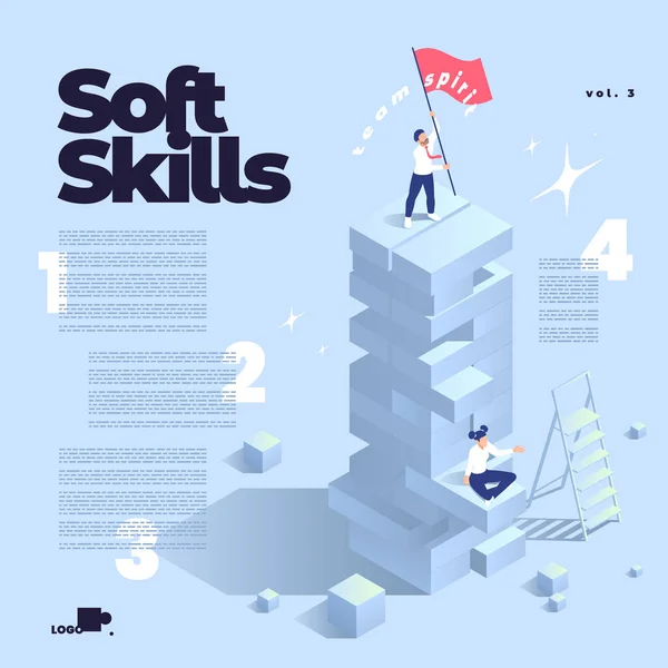 Soft Skills Isométrique Infographie Affiche Modèle Avec Des Caractères Humains — Image vectorielle