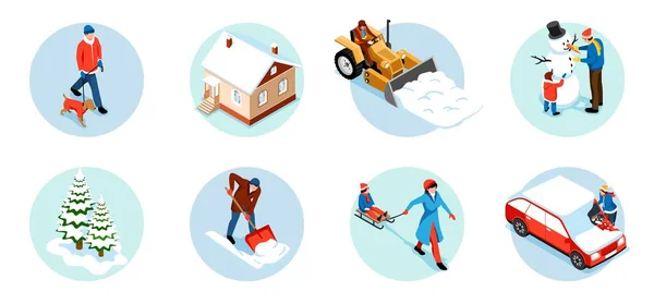 冬季城市等距圆形组合雪犁家庭雕塑雪人覆盖的房屋和汽车隔离病媒说明 — 图库矢量图片
