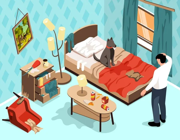 子犬の行動の問題等方的背景で所有者見ますで犬ペット上のベッドに座って乱雑な部屋のベクトル図 — ストックベクタ