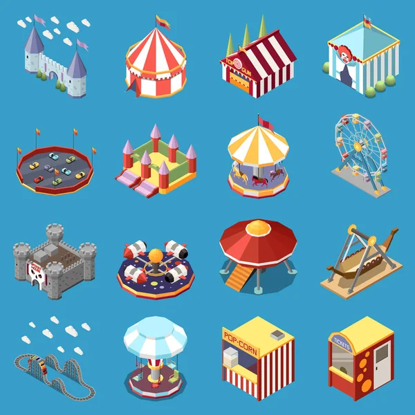 Парк Розваг Ізометричний Набір Ізольованих Іконок Подорожуючими Цирковими Великими Вершинами — стоковий вектор