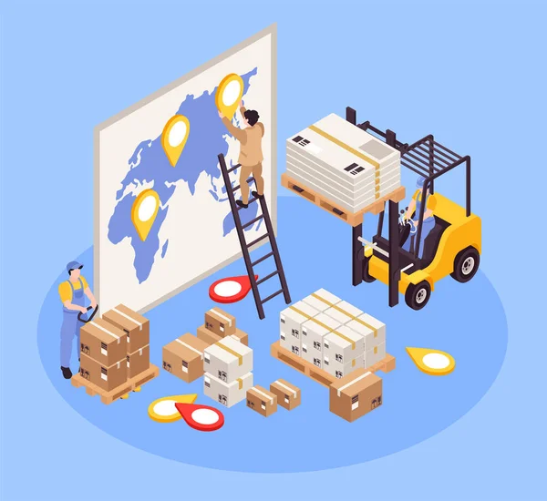 Isometric Cargo Composition Parcels Pallets Forklift Warehouse Workers Attaching Location — Stock Vector