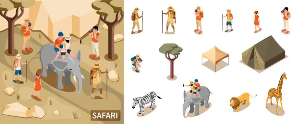 Safari Toeristische Samenstelling Met Sightseeing Exploratie Symbolen Isometrische Geïsoleerde Vector — Stockvector