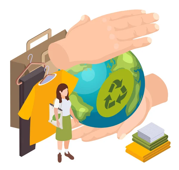 Sustainable Clothes Slow Fashion Isometric Composition Human Hands Holding Earth — Stock Vector