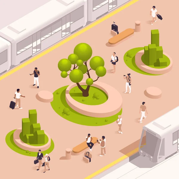 Şehir Yeşil Alanları Eko Tasarımı Izometrik Renkli Kompozisyon Sokak Vektör — Stok Vektör