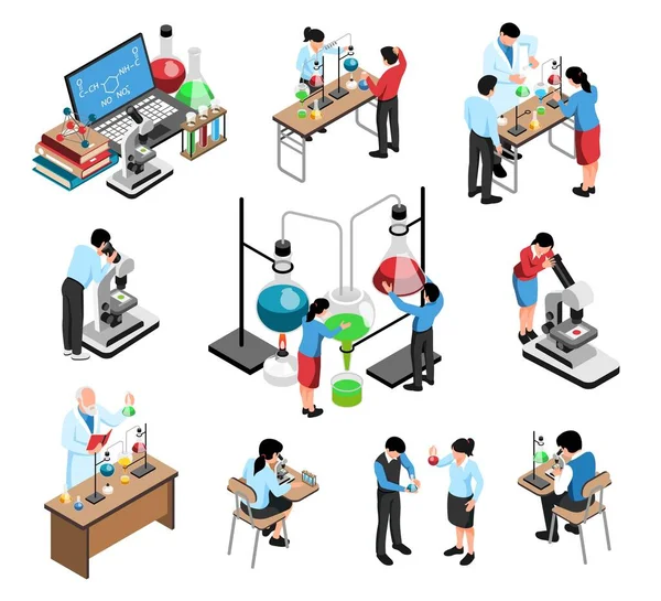 Students Working School Science Lab Chemical Experiments Isometric Set Isolated — Stock Vector