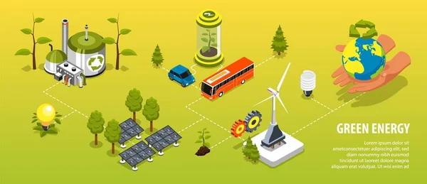 具有风力涡轮机的绿色能源信息图形布局太阳能面板绿色树叶循环利用符号等量矢量图 — 图库矢量图片