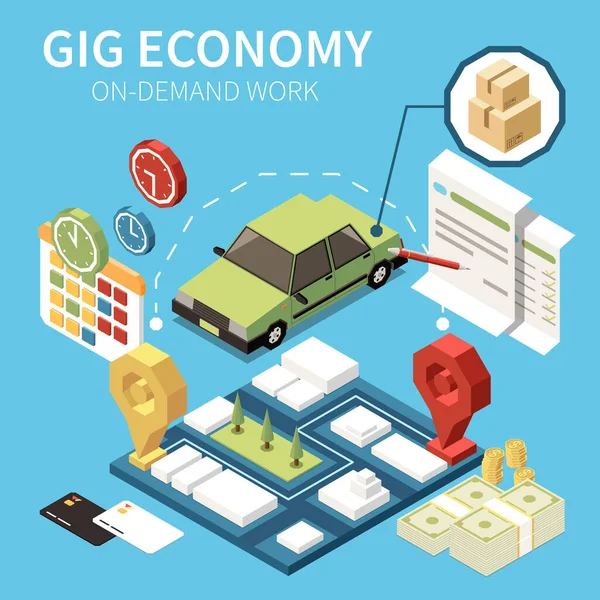 Gig Economy Izometrikus Összetétel Szerkeszthető Szöveggel Ikonok Pénz Helyszínek Óra — Stock Vector