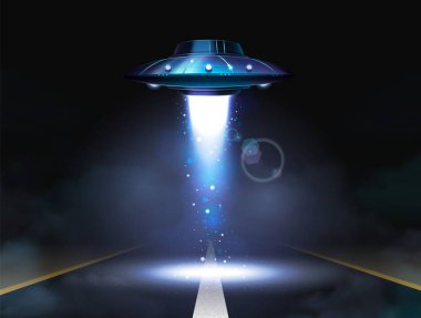 Yabancı uçaklı Ufo uzay gemisi posteri yol vektör illüstrasyonuna spot ışığı koyuyor