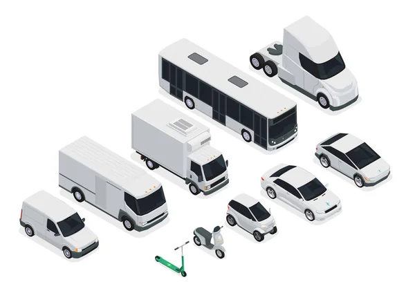 Ícones Isométricos Transporte Elétrico Configurados Com Ônibus Eletrocelulares Motos Ilustração —  Vetores de Stock