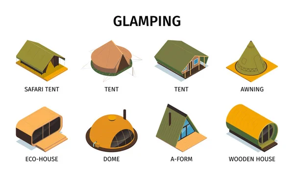 Isometric Glamping Set Isolated Compositions Text Captions Icons Dome Tents — ストックベクタ