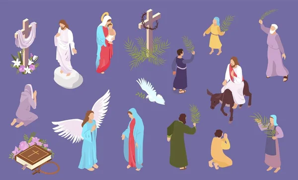 复活节等距集 带有基督耶稣和圣母玛利亚的特征 分离于色彩背景 — 图库矢量图片