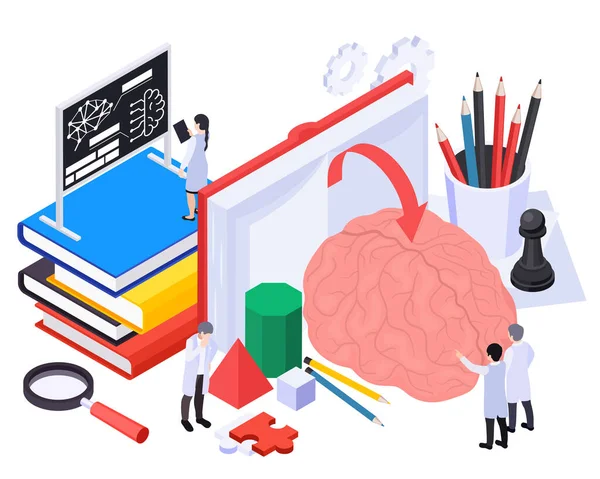 人間の脳と研究を行う科学者の文字と白の背景に神経マーケティングのアイソメトリックコンセプト3Dベクトルイラスト — ストックベクタ