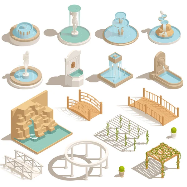 Park Brunnen Teiche Pavillon Isometrische Reihe Von Isolierten Symbolen Mit — Stockvektor