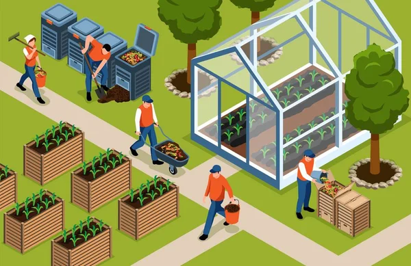 Agricultores Masculinos Femeninos Que Utilizan Compost Para Fertilizar Plantas Ilustración — Archivo Imágenes Vectoriales