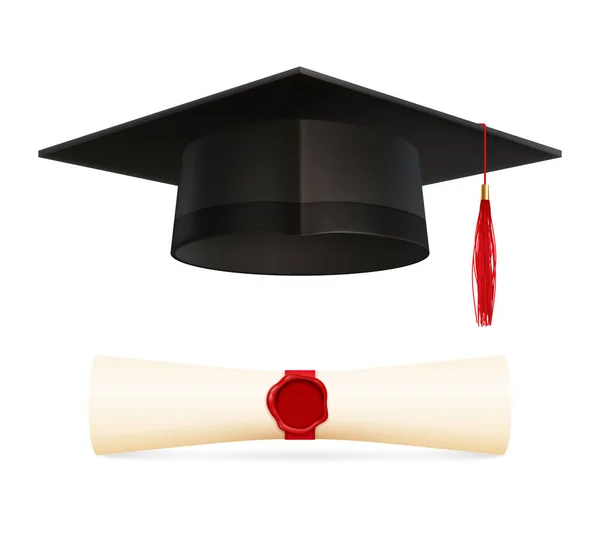 赤いタッセルと密封された卒業証書ベクトルイラストと学術帽子の現実的な孤立した画像と卒業教育セット — ストックベクタ