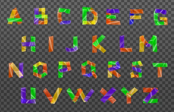 Пластиковая Клейкая Лента Реалистичный Цветной Алфавит Изолированными Буквами Красочных Кусочков — стоковый вектор