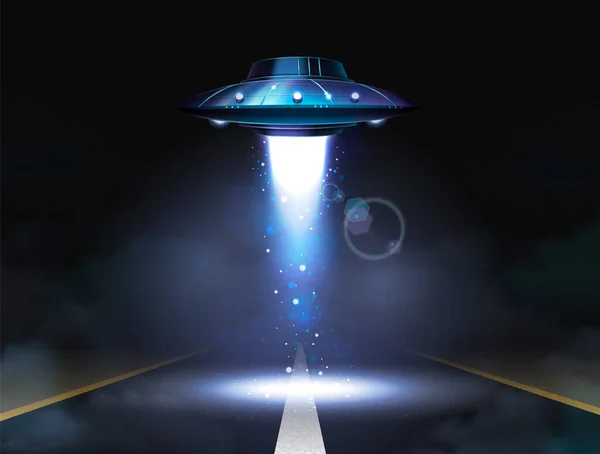 Ufo Spaceship Poster Alien Aircraft Putting Spotlight Road Vector Illustration — Stock Vector
