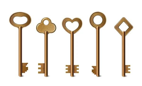 Realistic Vintage Golden Metal Key Set Icons Isolated Vector Illustration — Stock Vector
