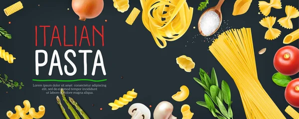 Ιταλική Μακαρονάδα Οριζόντια Αφίσα Ρεαλιστικά Συστατικά Σκούρο Φόντο Διανυσματική Απεικόνιση — Διανυσματικό Αρχείο
