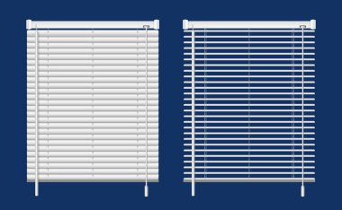 Realistic window blinds set with isolated front views of drawn and half open hanging white blinds vector illustration clipart