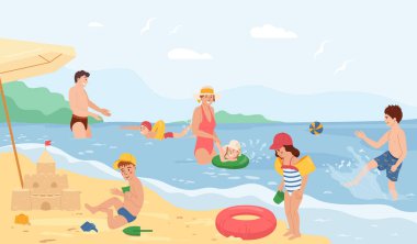Çocuklar su bemol kompozisyonu içinde güvendeler ve yüzen çocuklar ebeveynlerin gözetiminde şişirilebilir araçlar kullanıyorlar.