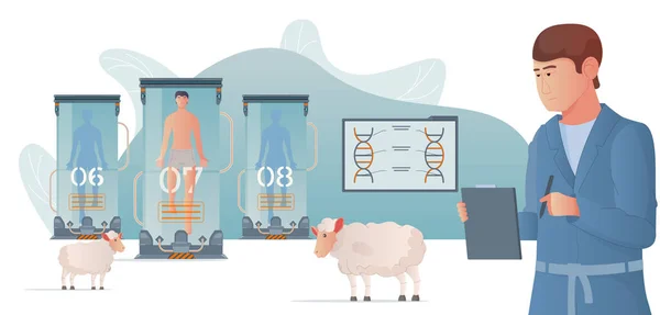 Κλωνοποίηση Γενετική Επίπεδη Σύνθεση Του Doodle Επιστήμονας Πρόβατα Και Θαλάμους — Διανυσματικό Αρχείο