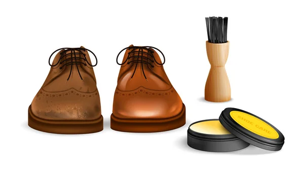 Botas Realistas Conjunto Pulido Con Símbolos Estilo Cera Zapatos Ilustración — Vector de stock
