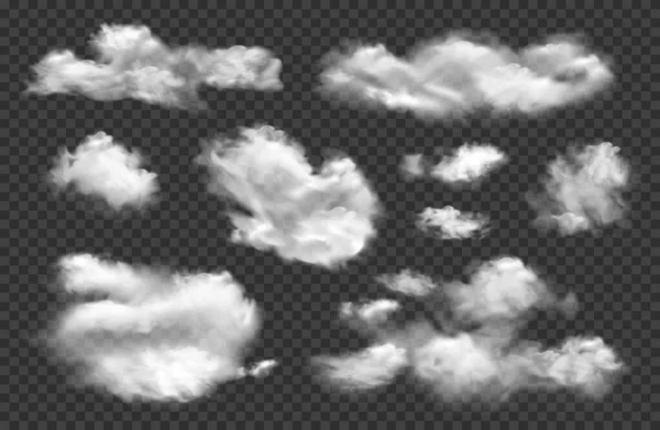 透明背景ベクトル図上の様々な形状とサイズを持つ隔離された白い雲の現実的な雲の空セット — ストックベクタ