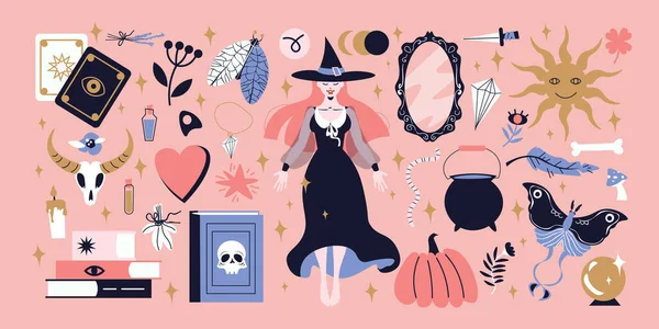 ピンクの背景に黒のドレスと帽子を身に着けている様々な魔法とオカルトオブジェクトと若い魔女の大きなフラットセットベクトルイラスト — ストックベクタ