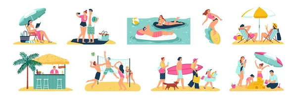 Vacaciones Verano Conjunto Plano Personas Que Descansan Tomando Sol Natación — Archivo Imágenes Vectoriales