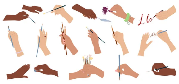 Επίπεδη Σειρά Ανθρώπινων Χεριών Που Κρατούν Πινέλα Μολύβια Σπάτουλα Crayon — Διανυσματικό Αρχείο