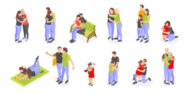 Giorno Dell Abbraccio Icone Isometriche Insieme Con Gli Amici Amanti — Vettoriale Stock