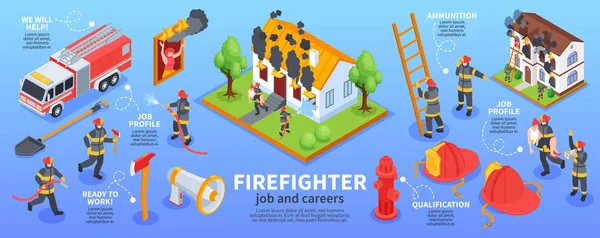 Isometrische Feuerwehrinfografiken Mit Berufsbildern Von Feuerwehrleuten Symbole Von Munitionsausrüstung Und — Stockvektor
