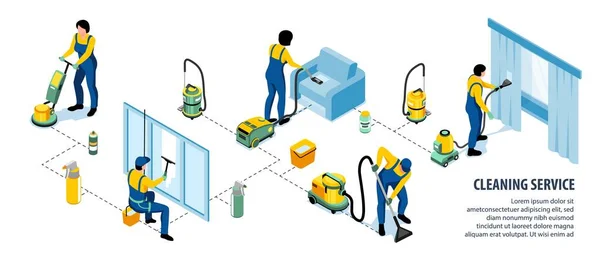 用现代设备等距矢量图解表示专业清洁公司的清洁服务信息图 — 图库矢量图片