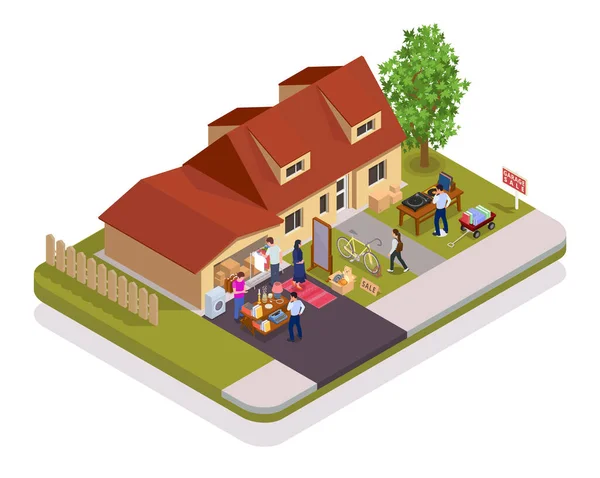 Garage Sale Isometric Concept Second Hand Market Front Country House — Stock Vector