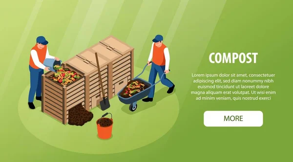 收集废物的人在木箱中堆肥等距水平横幅绿色背景图 — 图库矢量图片