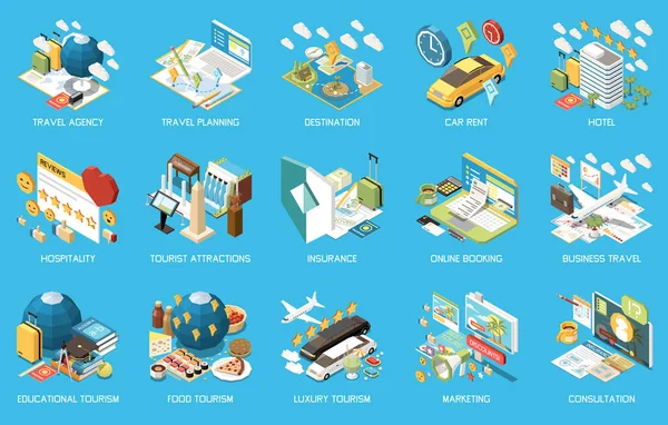 Touristic Travel Agency Isometric Concept Icon Set Travel Planning Destination — Stock Vector
